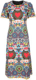 Colorful Printed Scalloped-Edge Midi Sheath Dress