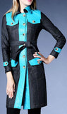 Single-Breasted Blue Faux-Leather Paneled Denim Coat - DESIGNER INSPIRED FASHIONS
