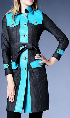 Single-Breasted Blue Faux-Leather Paneled Denim Coat - DESIGNER INSPIRED FASHIONS