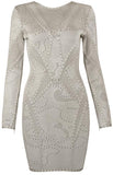 Jacquard Stretch Long-Sleeve Bandage Mini Dress, Beige