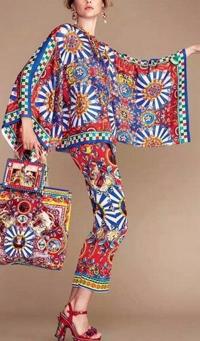 Carretto Printed Bat-Sleeve Top & Cropped Pant Set - DESIGNER INSPIRED FASHIONS