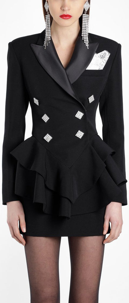 Black Ruffle Double-Breasted Blazer