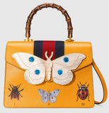 Leather Top Handle Bag with Moth, Yellow