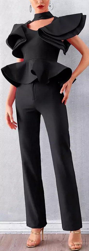 Ruffle Peplum Top and Pant Set, Black