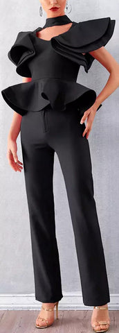 Ruffle Peplum Top and Pant Set, Black
