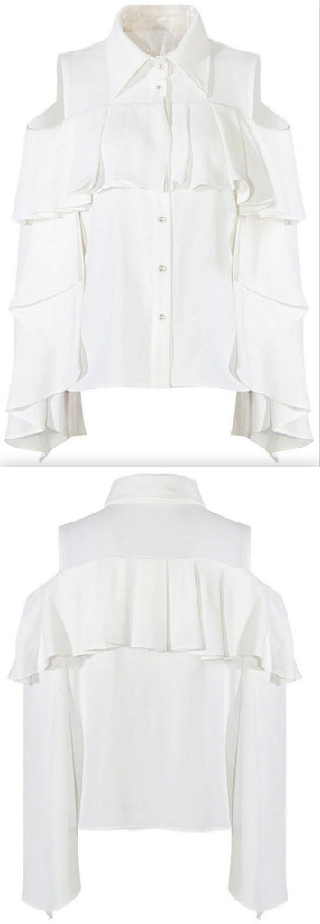 Ruffled Cold-Shoulder Flared-Sleeve Blouse