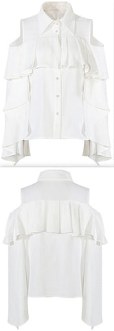 Ruffled Cold-Shoulder Flared-Sleeve Blouse