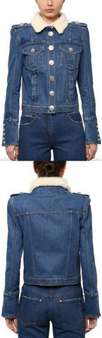 Denim Cotton Jacket with Faux Fur Collar