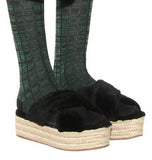 Fur Criss-Cross Platform Espadrille Sandals - Black - DESIGNER INSPIRED FASHIONS