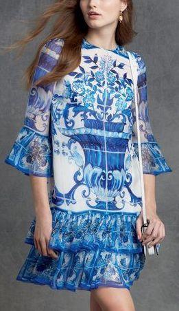 'Majolica' Print Blue & White Ruffle Tiered Short Dress - DESIGNER INSPIRED FASHIONS