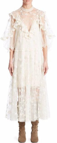 Ruffled Floral-Lace Tulle Midi Dress