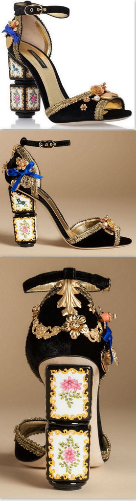 Black Velvet Sandal with Sculptural Heel & Embroidery - DESIGNER INSPIRED FASHIONS