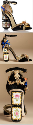 Black Velvet Sandal with Sculptural Heel & Embroidery - DESIGNER INSPIRED FASHIONS