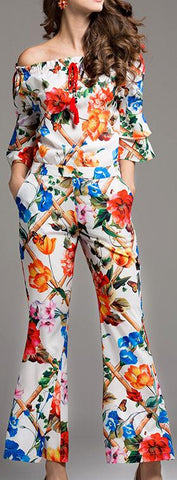 Floral-Print Off-the-Shoulder Top & Cropped Flared Pant Set