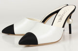 Goatskin Leather Cap Toe Heels Mules - White/Black | DESIGNER INSPIRED FASHIONS