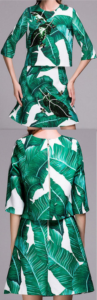 Banana Leaf Print Sequin Embellished Top & Skirt Set - DESIGNER INSPIRED FASHIONS
