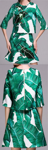 Banana Leaf Print Sequin Embellished Top & Skirt Set - DESIGNER INSPIRED FASHIONS