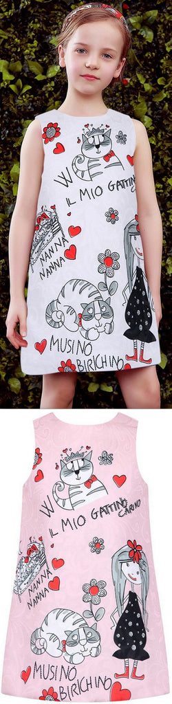 Children's Drawing Printed Dress, White or Pink - DESIGNER INSPIRED FASHIONS