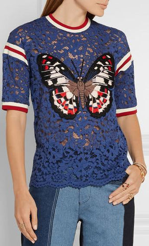 'Butterfly Applique' Lace T-Shirt in Blue - DESIGNER INSPIRED FASHIONS