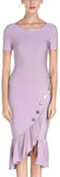 Asymmetrical Ruffled Button-Embellished Fitted Dress, Lavender