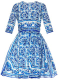 'Majolica' Tile Printed A-Line Silk Dress - Blue & White - DESIGNER INSPIRED FASHIONS