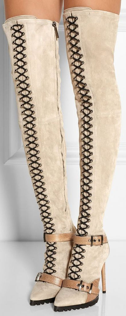 Beige Suede Lace-up Thigh Boots