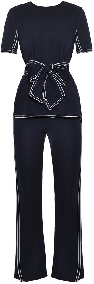 Contrast-Stripe Belted Top and Pant Set - Deep Navy Blue or White