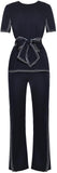 Contrast-Stripe Belted Top and Pant Set - Deep Navy Blue or White