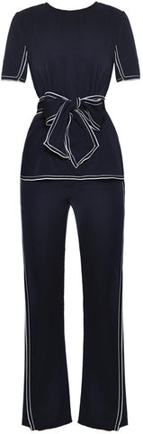 Contrast-Stripe Belted Top and Pant Set - Deep Navy Blue or White
