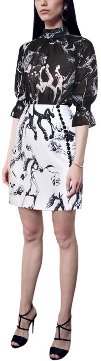 Printed-Blouse and Button-Embellished Mini Skirt Set