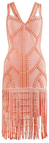 Bead-Embellished Fringed Dress in Pink - DESIGNER INSPIRED FASHIONS