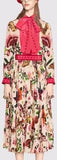 'Garden Exclusive' Printed Neck-Tie Blouse & Pleated Skirt in White - DESIGNER INSPIRED FASHIONS