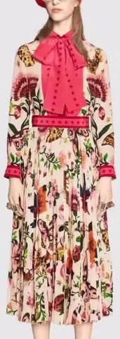 'Garden Exclusive' Printed Neck-Tie Blouse & Pleated Skirt in White - DESIGNER INSPIRED FASHIONS