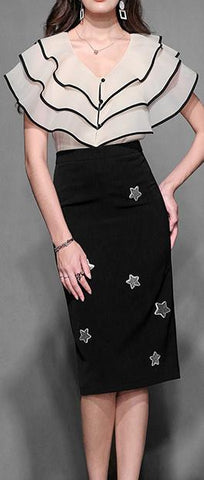 Ruffle Sleeveless Blouse and Star-Embroidered Pencil Shirt