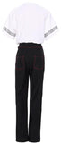 Pleated Sequin Stripe White Blouse & Double-Sided Button Embellished Black Pants - DESIGNER INSPIRED FASHIONS