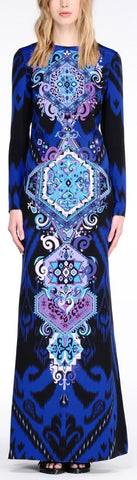 'Suzani' Motif Printed Long Gown in Blue - DESIGNER INSPIRED FASHIONS