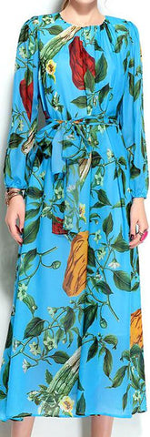 Pepper-Print Blue Long-Sleeve Chiffon Midi Dress