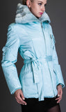 Rabbit Fur Collar Short Coat, Light Blue