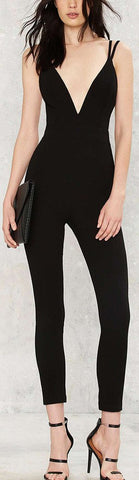 Deep V-Neck Black Stretch Jumpsuit