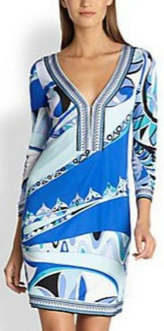 Printed Jersey Silk Mini Tunic Dress-Blue - DESIGNER INSPIRED FASHIONS
