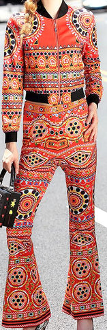 Vintage Printed Jacket & Flared Pant Set in Orange - DESIGNER INSPIRED FASHIONS