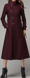 Side Embellished-Button Wool-Blend Coat, Wine Red