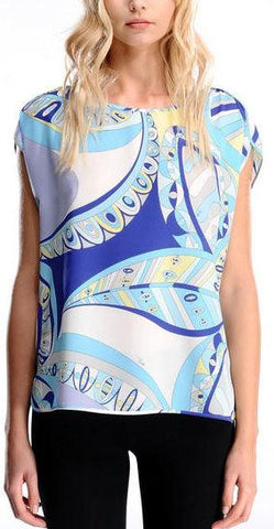 Blue Floral Abstract Print Jersey Silk Top - DESIGNER INSPIRED FASHIONS