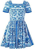 Tile Printed Squared Neck A-Line Dress in Blue & White - DESIGNER INSPIRED FASHIONS