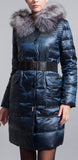 Belted Fox-Fur Hooded Puffer Down Coat, Blue