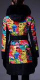 Multi-Colored Floral Print Down Coat with Fox Fur Trim - DESIGNER INSPIRED FASHIONS