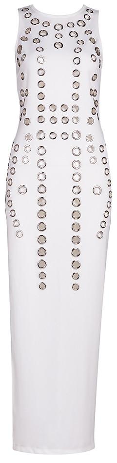 Hole-Embellished Maxi Bodycon Gown, White - DESIGNER INSPIRED FASHIONS