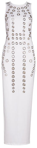 Hole-Embellished Maxi Bodycon Gown, White - DESIGNER INSPIRED FASHIONS