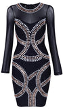 Black Crystal/Bead-Embellished Sheer-Paneled Mini Dress