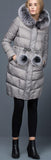 Thick Puffer Coat with Fur Trim Hood and Pom Poms, Grey